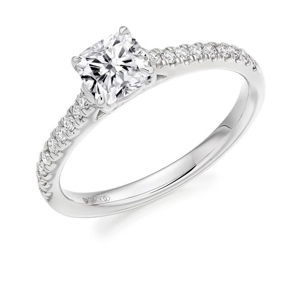 Platinum Cushion Cut Solitaire With Diamond Shoulders ENG4277